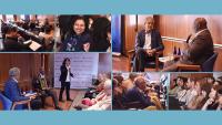 A collage of photos from the 2025 Benrubi lecture: two men seated on a stage in conversation, audience members